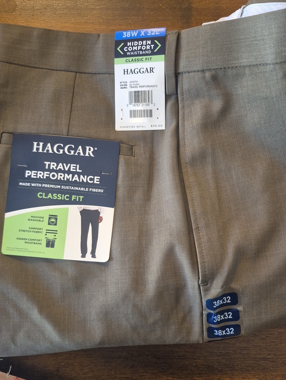 Haggar Mens Classic Fit Travel Performance Khaki Color Pants 38 X 32 Stretch